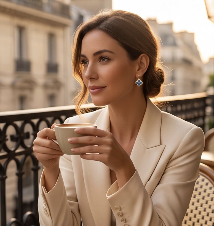 Clover 6.5 carat London Blue Topaz 18K Gold over .925 Sterling Silver handcrafted earrings - Woman wearing Clover earrings with London Blue Topaz, side profile view.