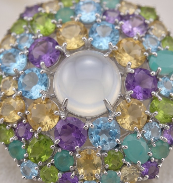 Kaleidoscope genuine 68.5 carat Brazilian Rose Quartz rhodium over .925 Sterling Silver handmade Pendant - Brooch - Close-up of Kaleidoscope Brazilian Rose Quartz with colorful gemstones