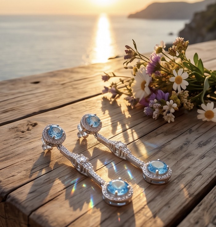 Atlantica - 4.7 carat Emerald .925 Sterling Silver dipped in Rhodium Handcrafted Statement earrings - Atlantica earrings on wood table at sunset, with flowers in the background.