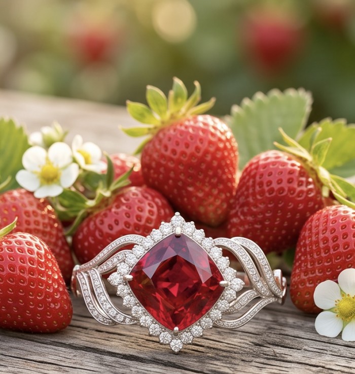 Precious Genuine 32.7 carat Brazilian Garnet .925 Sterling Silver dipped rhodium handcrafted Bracelet - Close-up of Brazilian garnet ring on wood with strawberries and flowers.