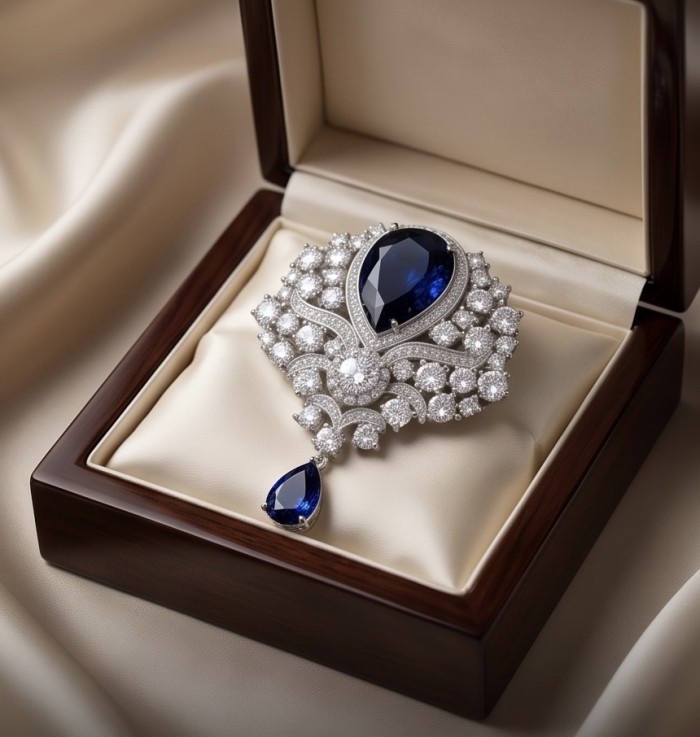 Heirloom Genuine 10.5 carat Sapphire .925 Sterling Silver handmade Pendant - Brooch - Elegant sapphire brooch with diamonds in a velvet-lined box, angled view.