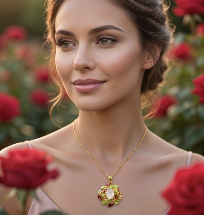 Angelina - Top quality 18.9 carat Brazilian Rose Quartz .925 Sterling Silver dipped in 18K Gold Handcrafted pendant - Woman wearing Angelina Rose Quartz necklace in a rose garden.