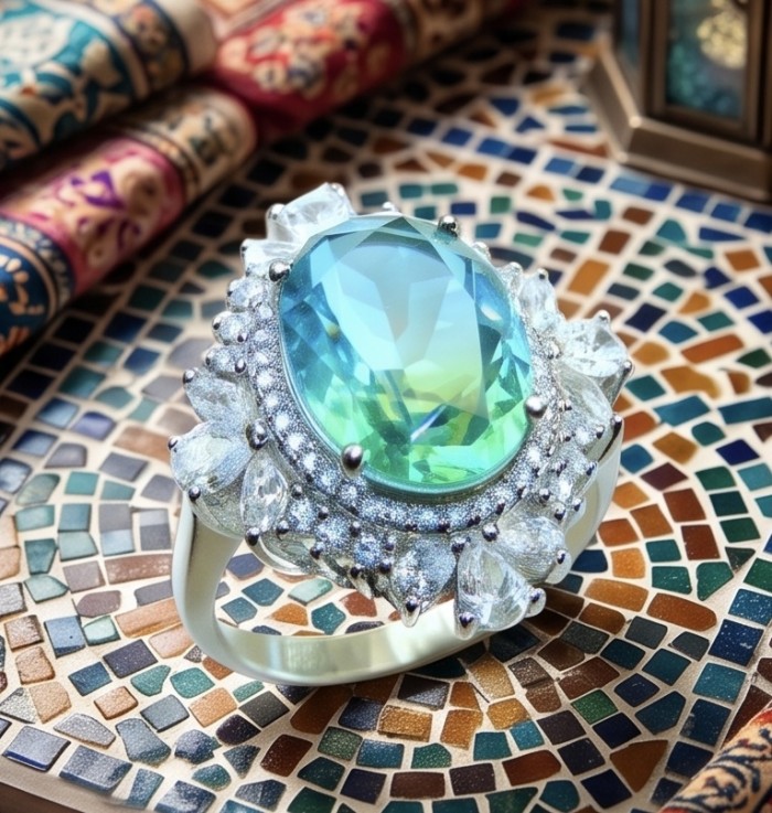 OUTSTANDING 10.5 carat Brazilian Apatite .925 Sterling Silver Perfectly handcrafted Ring s. 8 1/4 - Close-up of Brazilian Apatite ring in sterling silver on mosaic surface.