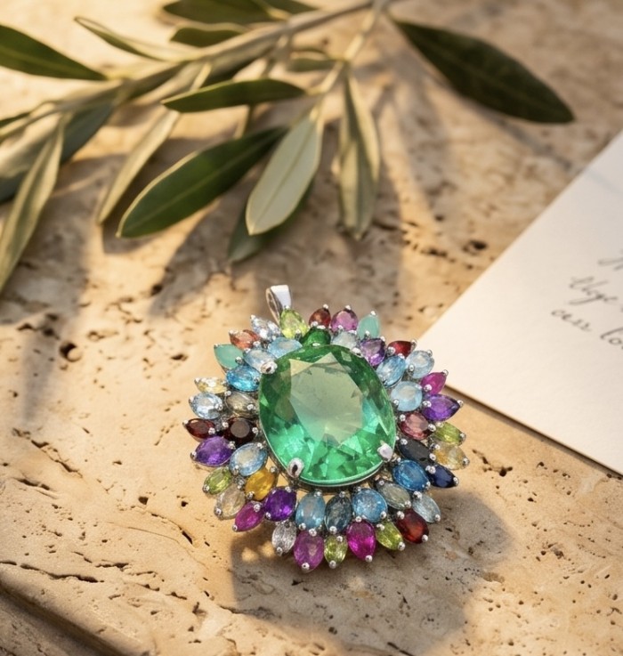 Blooming Spring 38.9 carat authentic Himalayan Peridot rhodium over .925 Sterling Silver handmade Pendant - Brooch - Close-up of Blooming Spring pendant with colorful gemstones on a table.