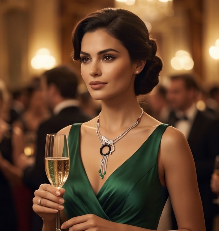 Cheetah Emerald black Enamel .925 Sterling Silver .925 Sterling Silver handcrafted Statement Necklace; 24 inches long - Woman wearing Cheetah Emerald necklace with green dress at an elegant event.