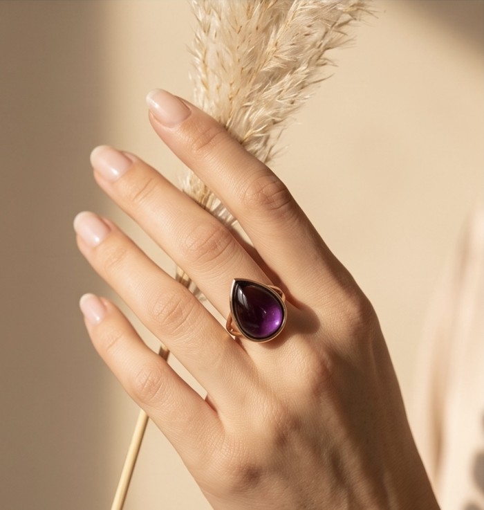 Top quality 24.4 carat Amethyst .925 Sterling Silver dipped in 18K Gold Handcrafted Large Ring size 8 - Amethyst ring worn on hand, teardrop shape, sunlight.