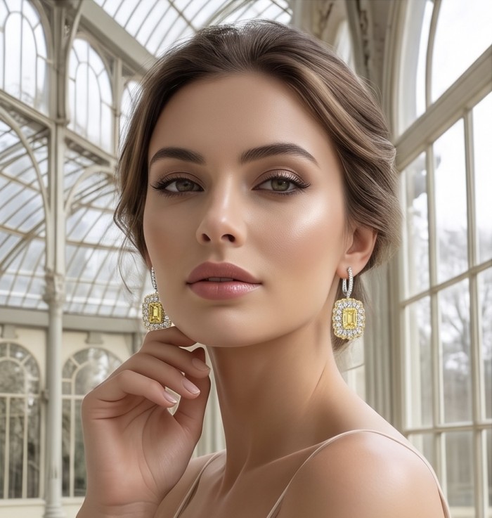 Esperanza - Luxurious 12.2 Lemon Quartz rhodium over .925 Sterling Silver handmade Earrings - Woman wearing Esperanza earrings, showcasing lemon quartz detail.