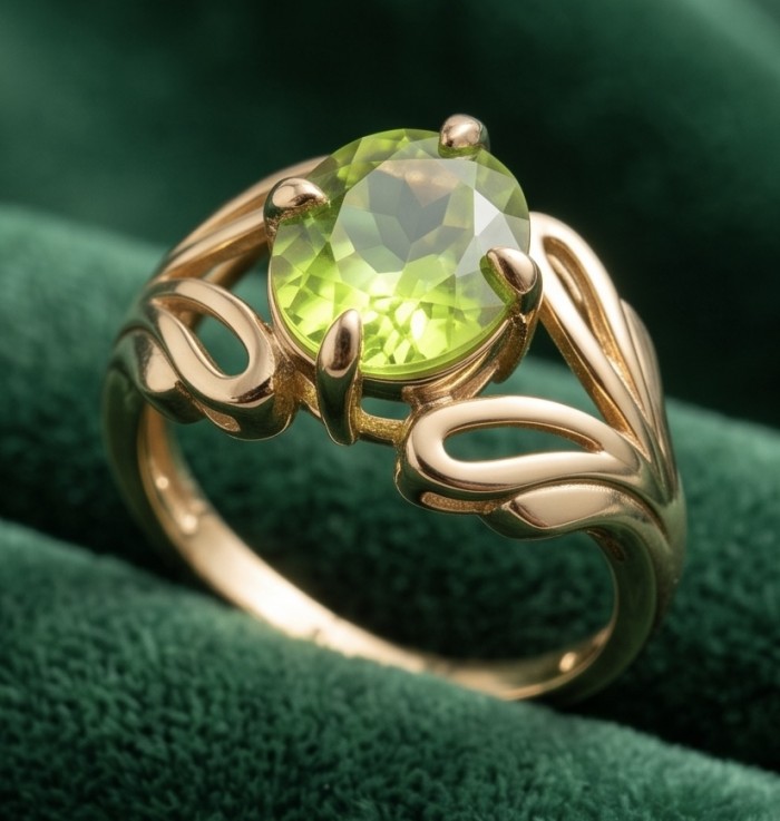 Alessia authentic 6.8 carat oval cut Peridot .925 Sterling Silver dipped in 14K Gold handmade Ring s. 8 - Close-up of Alessia 6.8 carat oval Peridot ring in sterling silver.