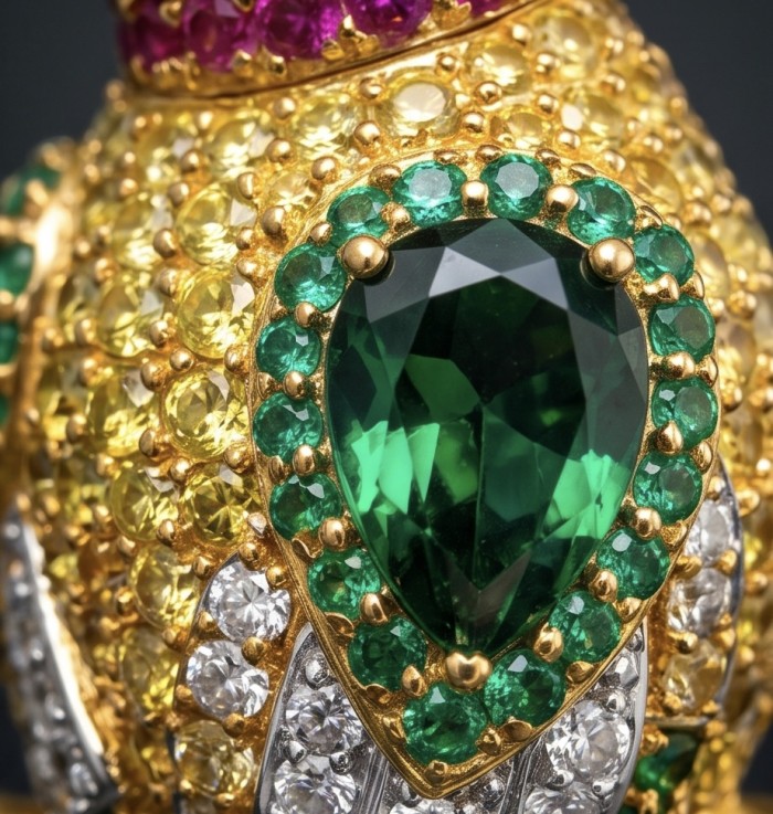 Exotic Parrot - 10.8 carat pave Ruby Emerald Sapphire 22K Gold over .925 Sterling Silver rhodium over handcrafted Brooch - Close-up of Exotic Parrot jewelry with green, yellow, and pink gemstones.