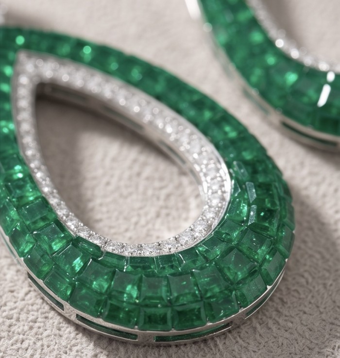 Ofelia - Authentic 5.5 CARAT natural pave Colombian Emerald .925 Sterling Silver handcrafted earrings - Close-up of pave Colombian emerald jewelry with white stones