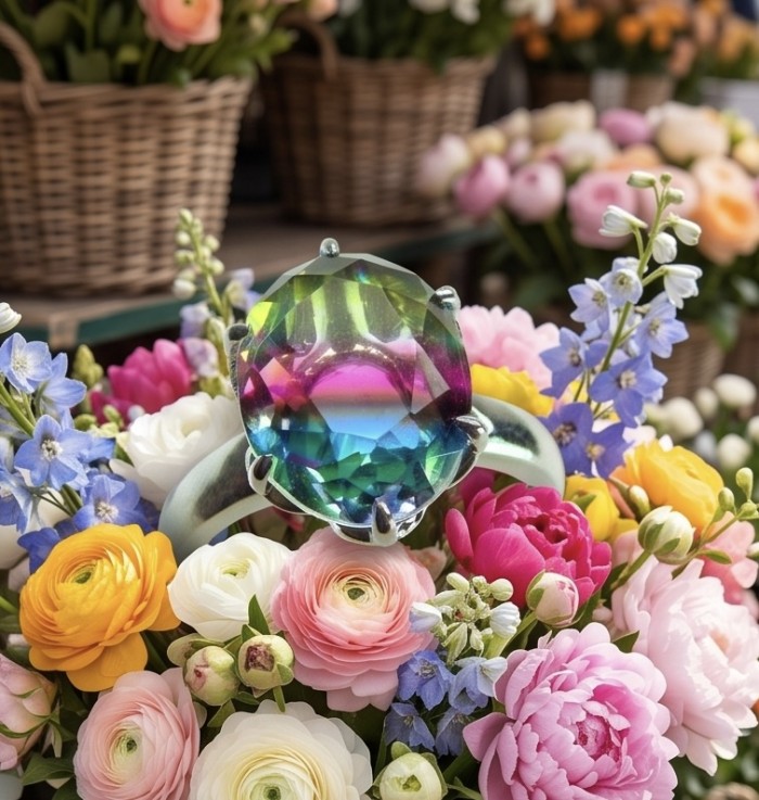 7.8 carat Brazilian Tourmaline .925 Sterling Silver Perfectly handcrafted Ring s. 7 - Close-up of a 7.8 carat Brazilian Tourmaline ring on colorful flowers