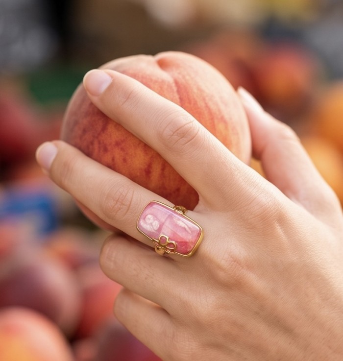Large top quaity Argentinian Rhodochrosite 18K Gold over .925 Sterling Silver handmade ring size 8 ADJUSTABLE - Rhodochrosite ring in 18K gold, worn on hand holding a peach.