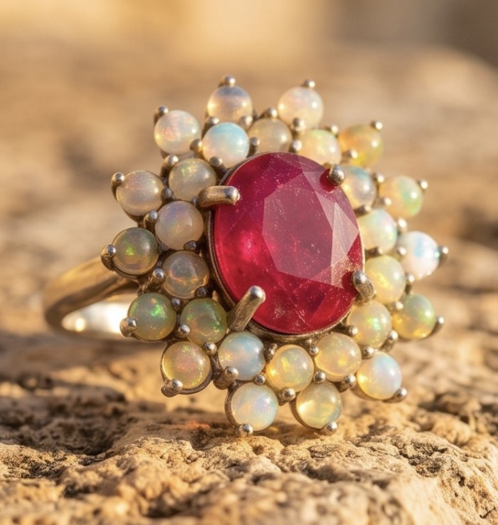 King of Gems Genuine 8.9 CARAT Mozambique Star Ruby 4.8 carat Fire Opal rhodum over .925 Sterling Silver Large Statement Ring size 7 1/4 - Close-up of ring with ruby center and opal accents on stone surface.