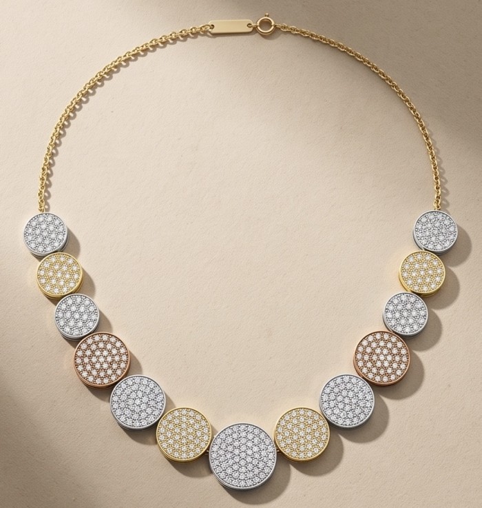 Precious 7.2 carat pave White Topaz 2 tones .925 Sterling Silver Golden Handcrafted Necklace - Necklace front view with two-tone pave white topaz circles.