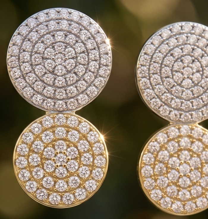 Precious 4.1 carat pave White Topaz 2 tones .925 Sterling Silver Golden Handcrafted Earrings - Close-up of two-tone sterling silver pave white topaz earrings