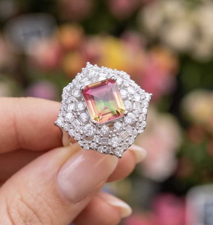 4.8 carat Brazilian Tourmaline .925 Sterling Silver dipped in rhodium Perfectly handcrafted Ring s. 8 - Close-up of 4.8 carat Brazilian Tourmaline ring on hand