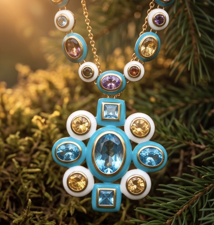 Outstanding - Authentic 31.2 carat Swiss Blue Topaz 18.8 carat Citrine 14.1 carat Amethyst Enamel 22K Gold over .925 Sterling Silver handcrafted Statementbnecklace - Pendant close-up with blue topaz and colorful gems on a chain.