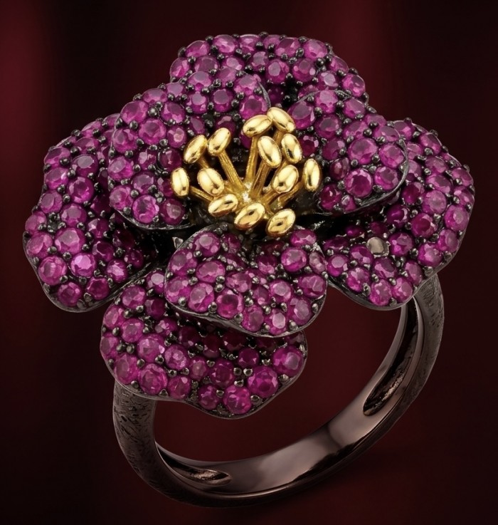 Rose Authentic 7.9 carat pave Kasmir Ruby .925 Sterling Silver brilliantly dipped in black rhodium 2 tones handcrafted Statement ring; s. 6 1/4 - Close-up of flower-shaped ruby and gold ring in sterling silver.