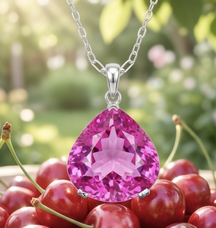 Incredible pear cut 20.2 carat Pink Sapphire .925 Sterling Silver handcrafted pendant - Pink sapphire pendant close-up with cherries in the background.