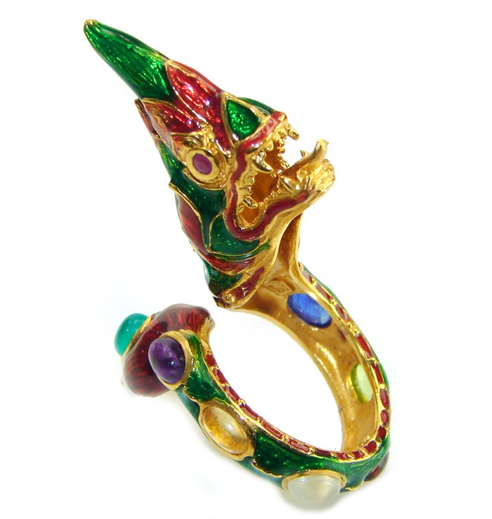 Dragon - symbolizes supernatural power- Enamel Ruby 18K Gold over .925 Sterling Silver Huge handcrafted Ring s. 9 - photo 2