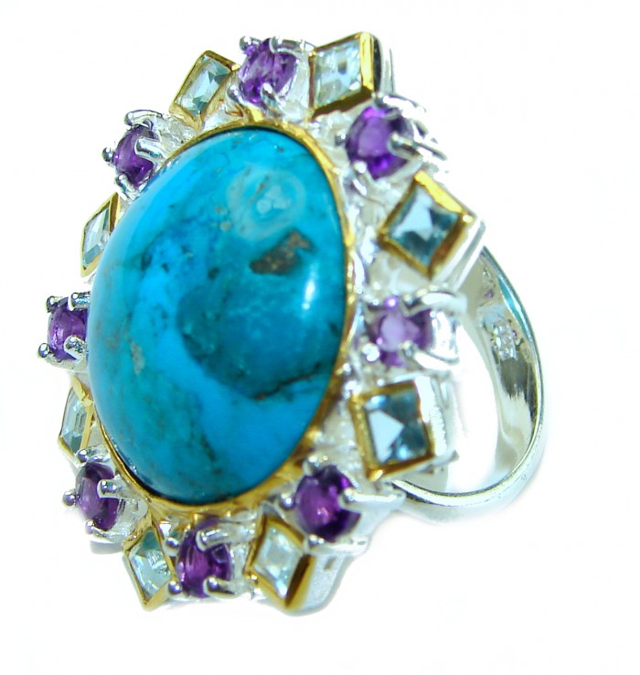Authentic Parrot's Wing Chrysocolla 2 tones .925 Sterling Silver handcrafted ring size 8 1/4 - photo 1