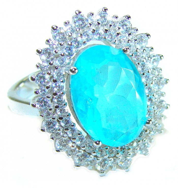 Luxurious oval Cut 8.5 ctw Paraiba Tourmaline .925 Sterling Silver handcrafted Statement Ring size 7 3/4 - photo 4