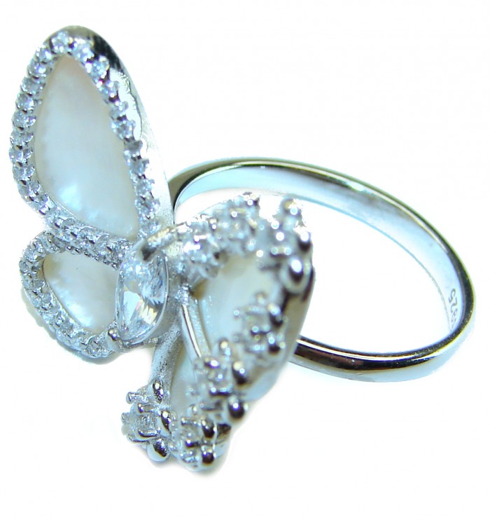 White Butterfly Blister Pearl .925 Sterling Silver brilliantly handcrafted ring s. 6 1/4 - Butterfly ring with pearls and crystals, top view close-up.