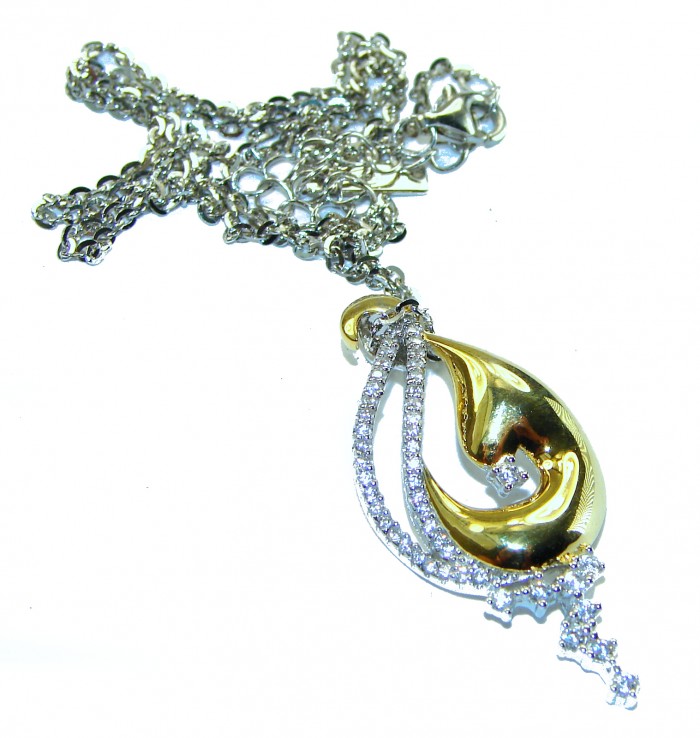 Elegance 4.2 carat White Topaz 14K Gold over .925 Sterling Silver handcrafted necklace - Gold and silver pendant on chain, front view with white topaz detail