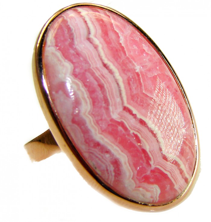 Top quality Argentinian Rhodochrosite 14K Gold over .925 Sterling Silver handmade LARGE ring size 8 adjustable - Close-up of Argentinian Rhodochrosite ring in 14K gold setting.