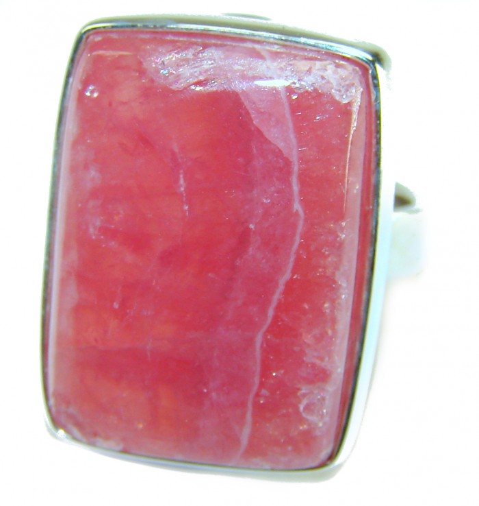 Strawberry Fields - 21.8 CARAT Argentinian Rhodochrosite .925 Sterling Silver handmade ring size 7 - Close-up of rectangular Argentinian Rhodochrosite ring.