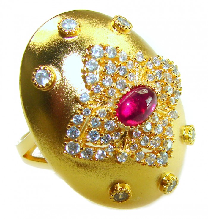 Byzantine design Authentic 2.2 carat 18K Gold over .925 Sterling Silver handcrafted Large Ring s. 8 - Byzantine ring with ruby and diamonds, top view.
