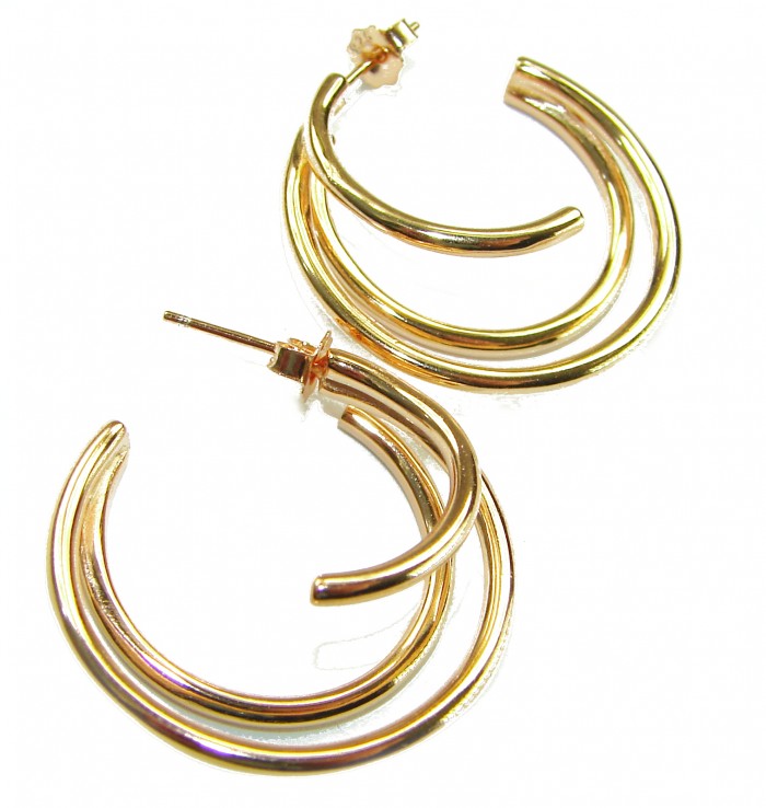 Dubai Style - Golden fantasy .925 Sterling Silver dipped in 22K Gold handmade Large Earrings - Gold double hoop earrings, side view close-up.