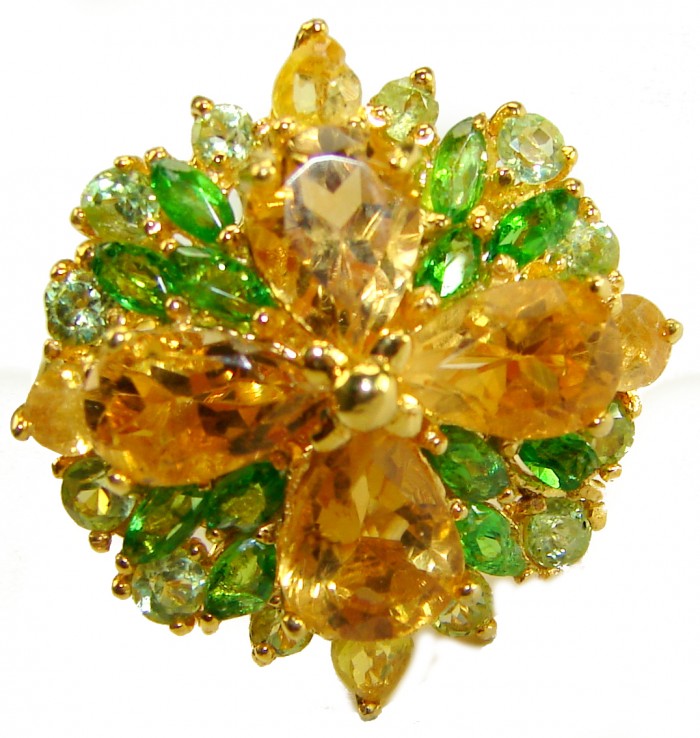 Victoria Authentic - Natural 10.2 carat Brazilian Citrine .925 Sterling Silver dipped in 18K Gold handmade Statement Ring size 8 1/4 - Close-up of floral design ring with citrine and green gemstones
