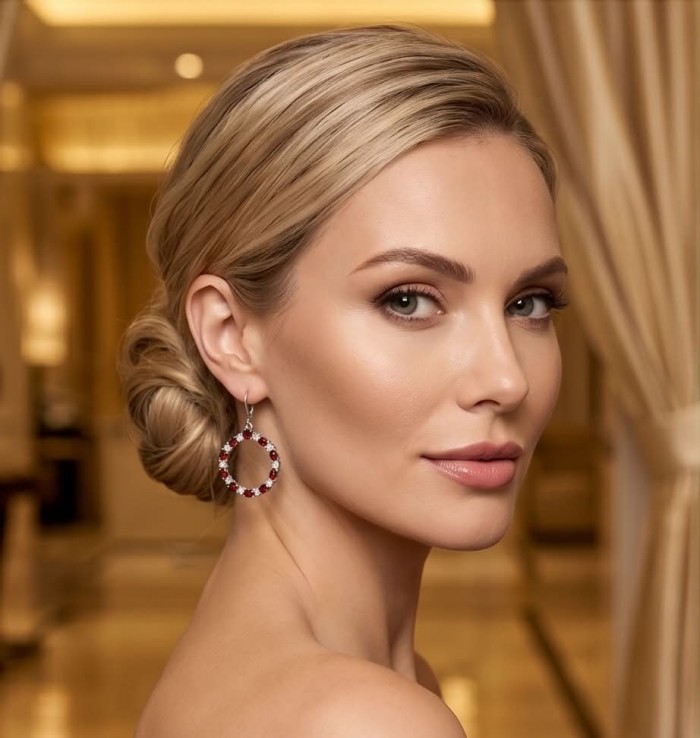 Red Royalty Authentic 24.9 carat Mozambique Garnet .925 Sterling Silver brilliantly handcrafted Statement earrings - Side view of garnet earrings worn elegantly with a braided updo.
