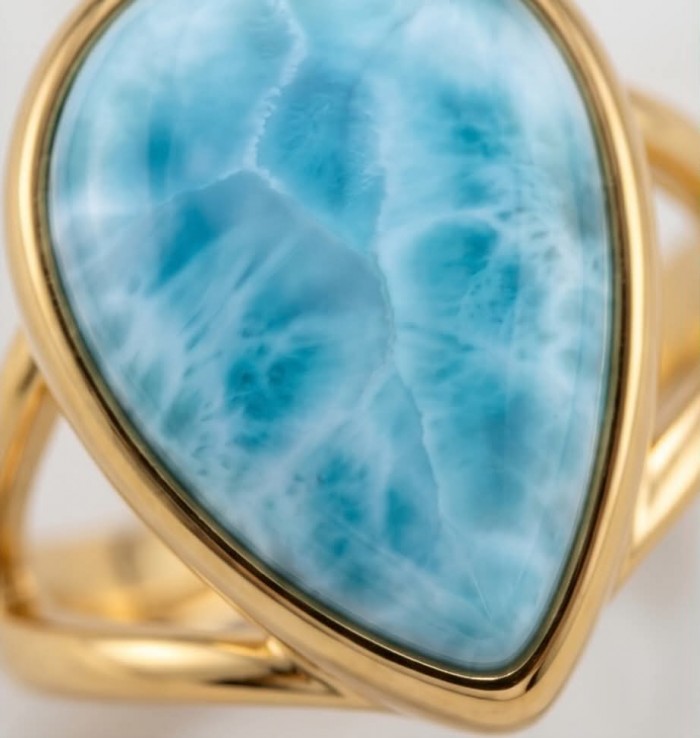 Treasure of Dominican Republic 12.5 carat genuine Larimar .925 Sterling Silver dipped in 22K Gold over Handcrafted Ring size 6 - Close-up of genuine Larimar stone with gold setting.