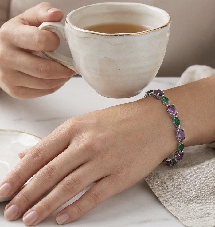 A Heritage in Bloom - Italy made 14.7 carat Amethyst Chrome Diopside .925 Sterling Silver handcrafted bracelet - Worn on hand, bracelet with amethyst and chrome stones, holding cup.
