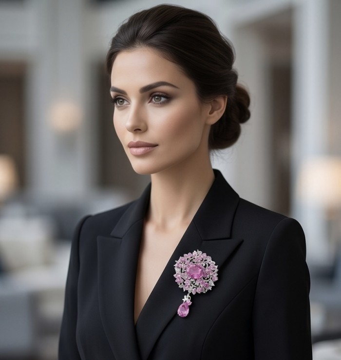 An exuberantly Large 72.7 grams Vintage style Pink Sapphire .925 Sterling Silver handmade LARGE Pendant - Brooch - Elegant pink sapphire brooch worn on a black suit jacket.