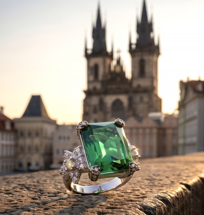 Esperanza - Luxurious baguette cut 22.7 carat Emerald rhodium over .925 Sterling Silver handcrafted Ring s. 7 - Close-up of Jolie 22.7 carat emerald ring with scenic background