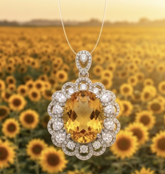 Costa del Sol 18.8 carat Citrine .925 Sterling Silver handcrafted Statement pendant - Citrine pendant close-up with sunflowers in background.