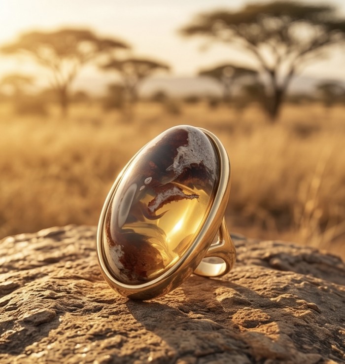Bonfire Night best quality 28.4 carat Mexican Opal 18K Gold over .925 Sterling Silver handmade ring 7 1/4 - Close-up of Mexican Opal ring set in 18K gold on rock in sunlit savanna.