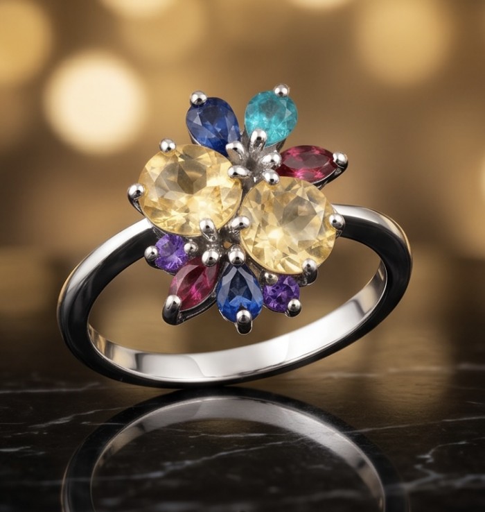 Isabella 4.2 carat Brazilian Citrine .925 Sterling Silver handcrafted ring; s. 7 - Multicolor gemstone ring close-up with Brazilian Citrine center stones