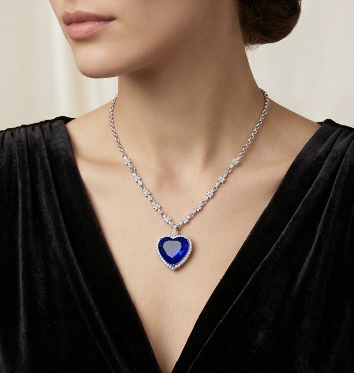 Titanic - Heart of The Ocean Necklace ~ 24.5 Ct Blue Sapphire Necklace In 925 Sterling Silver necklace - Model wearing Titanic Heart of The Ocean Necklace, front view