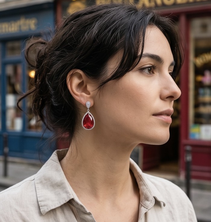 Magnificent Jewel 10.5 carat Ruby .925 Sterling Silver handcrafted incredible earrings - Side view of woman wearing ruby and sterling silver earrings.