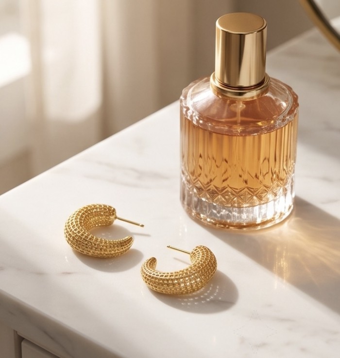 Dubai Style - Golden fancy Drops .925 Sterling Silver dipped in 22K Gold handmade Earrings - Golden crescent earrings with perfume bottle on marble surface.