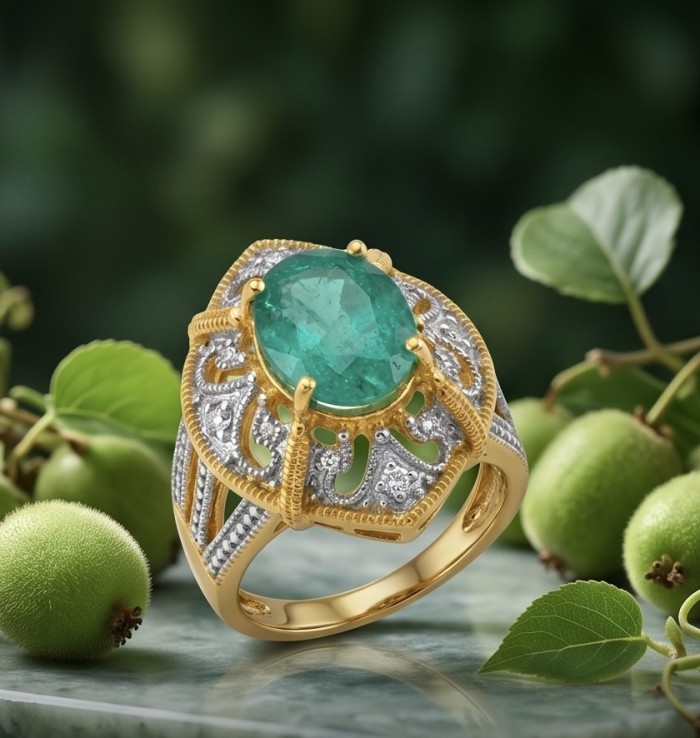Victorian Style Beauty - Authentic 7.4 carat COLOMBIAN EMERALD .925 Sterling Silver dipped in 18K Gold handcrafted Statement Ring size 7 - Close-up of Victorian-style ring with 7.4 carat Colombian emerald