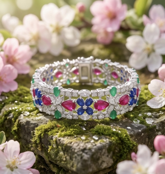 RARE BEAUTY! Valentina 31.2 carat Ruby Emerald Sapphire .925 Sterling Silver dipped in rhodium Statement Bracelet - Ornate bracelet with rubies, emeralds, sapphires, surrounded by flowers