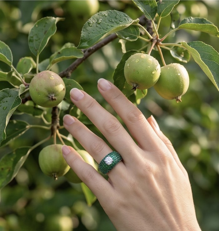 Born to Glam mystery setting 14.2 carat natural Emerald .925 Sterling Silver Perfectly handcrafted Ring s. 7 - Hand wearing Born to Glam emerald ring near apple tree.