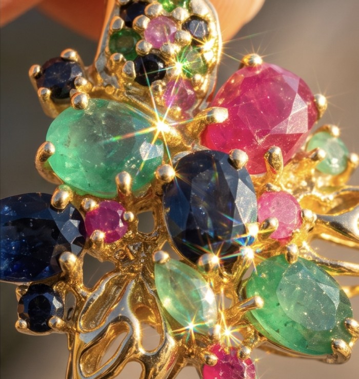 Charming Beauty 10.4 ctw Ruby Emerald Sapphire 22K Gold over .925 Sterling Silver handcrafted Statement pendant - Close-up of ruby, emerald, and sapphire gemstone cluster in gold setting.