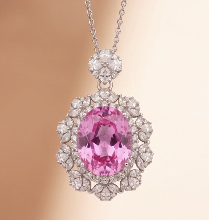 Tiffany Incredible oval cut 20.4 carat Pink Sapphire .925 Sterling Silver handcrafted pendant - Close-up of oval pink sapphire pendant with diamond accents on chain