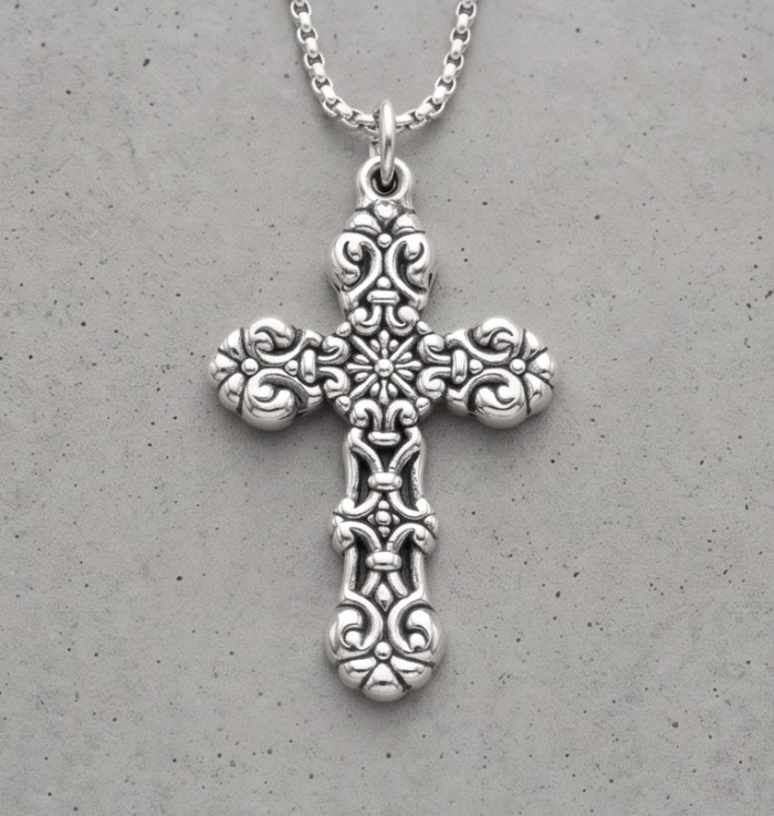 Holy Cross the best quality .925 Sterling Silver Bali made Pendant - Front view of ornate sterling silver cross pendant on a chain.